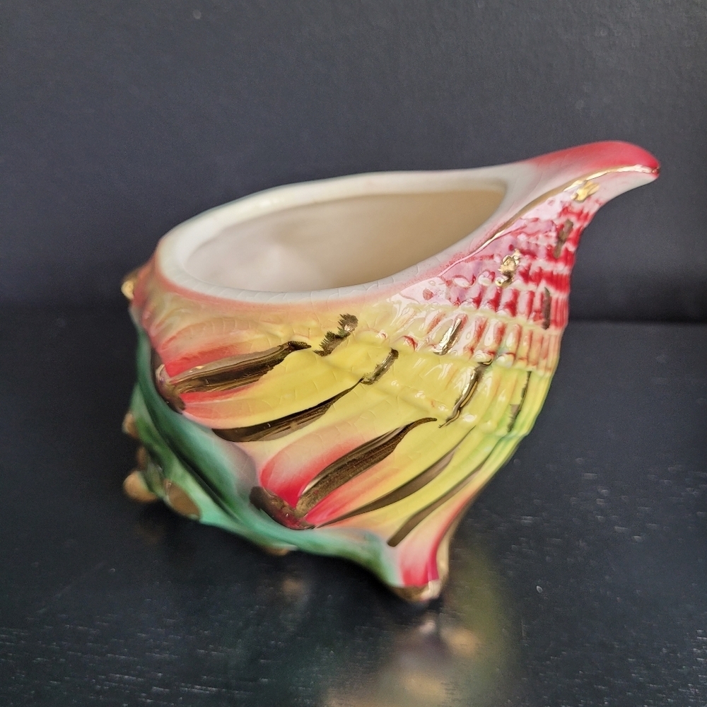 Vintage Retro Colorful Gold Gilded Conch Seashell Trinket Mini Planter Catch All